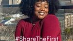A selfie of a woman in a red dress with dark curly hair with the tagline #ShareTheFirst
